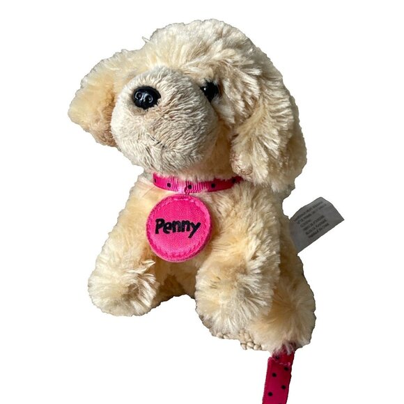 Justice Small 5" Plush Puppy Dog PENNY Pink Collar Leash Golden Retriever Toy - Picture 1 of 4